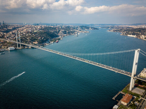 Fantactic aerial views of Istanbul Bosphorus bridge (15 July Martyrs Bridge) (aerial drone photo). Istanbul, Turkey
