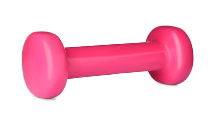 Pink dumbbell isolated on white. Weight training equipment