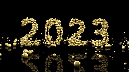 3D render, New Year 2023 with golden geometric shapes on a black background. Christmas background.