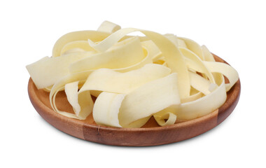 Plate with sliced fresh parsnip on white background