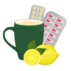 Green cup with a yellow drink and lemon. Prevention for immunity.Hot drink with lemon and pills. Seasonal treatment.Home folk treatment for flu, colds. Illustration in flat style isolated on white.