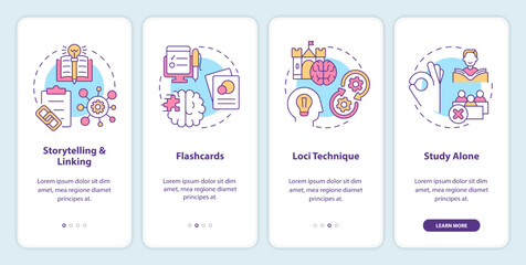 Visual memorization methods onboarding mobile app screen. Train brain walkthrough 4 steps editable graphic instructions with linear concepts. UI, UX, GUI template. Myriad Pro-Bold, Regular fonts used