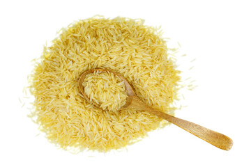 Heap of long parboiled rice with wooden spoon isolated on white background..