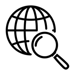 Global search line icon in flat style. Globe with magnifier symbol isolated on white background. Simple search line abstract icon in black. Vector illustration for graphic design, Web, UI, mobile app.