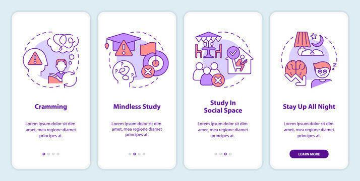 Worst ways to study onboarding mobile app screen. Ineffective learning walkthrough 4 steps editable graphic instructions with linear concepts. UI, UX, GUI template. Myriad Pro-Bold, Regular fonts used