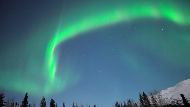 Footage of the green Northern lights in the night sky in Alaska in winter