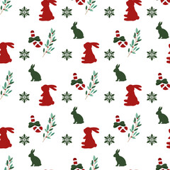 Seamless vector christmas pattern with snowflake elements, hare silhouette, ostrich branches, christmas candy. Design for printing on fabric and paper.