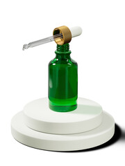 Green amber glass cosmetic serum bottle on 3d podium stage