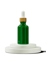 Green amber glass cosmetic serum bottle on 3d podium stage