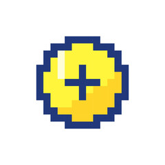 Obraz premium Add button pixelated RGB color ui icon. Increase volume. Toolbar control. Simplistic filled 8bit graphic element. Retro style design for arcade, video game art. Editable vector isolated image