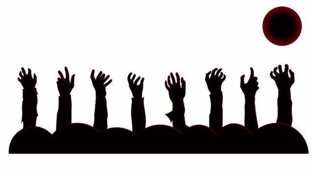 Zombie hands come out of the ground on Halloween. Isolated on white background. Black silhouettes. Scary gesture concept. Black moon. Mummification. Animated 4K video.