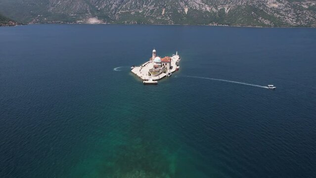 Aerial View of Church and Monastery on Small Islands in Adriatic Sea by Perast, Montenegro, Dramatic Drone Shot