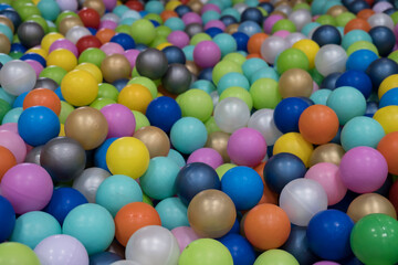 Background from colored balloons. Colored balls for a dry pool for children. Bright colored plastic ball in the pool of a children's playroom. Artistically blurry. low focus