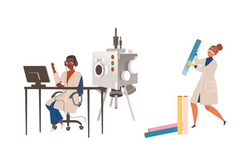 Fototapeta na wymiar Woman Scientist Character Conducting Scientific Research Vector Illustration Set