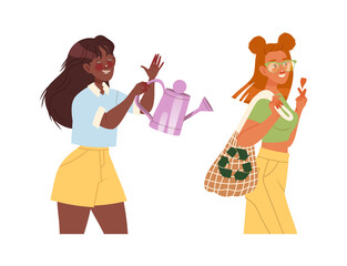 Woman Character Caring about Planet with Reusable Shopping Bag and Watering Can as Saving Ecosystem Vector Set