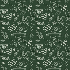 Seamless pattern in doodle style with illustrations of birds, flowers, stars. Vector image