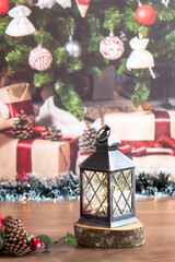 Rustic lantern with fairy light in Christmas setting