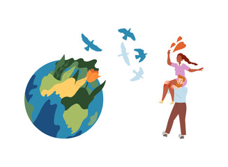 Green Globe Sphere and Happy Couple Sending Love Heart Caring about Planet and Saving Ecosystem Vector Set