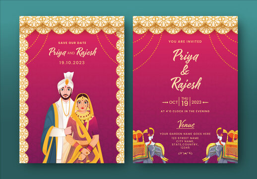 Hindu Wedding invitation with traditional bride and groom illustrations and wedding ornaments. 