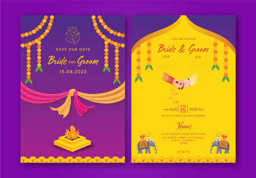 Purple and Yellow, Hindu Wedding invitation with traditional bride and groom holding hands illustrations and wedding ornaments. 