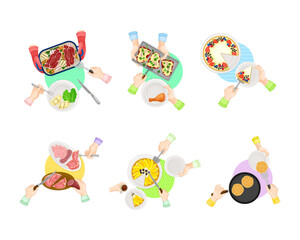 Top view of served breakfast dishes and people hands holding cutleries set cartoon vector illustration