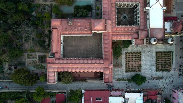 aerial drone shot of santo domingo temple in oaxaca city mexico