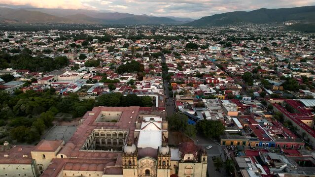 backwards drone shot of world heritage site santo domingo monastery in oaxaca mexico