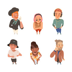 View from above of different stylish people set. Young men and women in modern trendy outfit, top view cartoon vector illustration