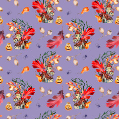 Fototapeta na wymiar Colorful Halloween seamless pattern of cute house watercolor isolated on purple.