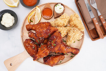 Chicken Drumsticks and Crispy Wings and chilli sauce and creamy