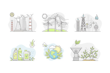 Electricity generation sources set. Power plant and natural energy source. Biofuel, wind, gas, geothermal vector illustration