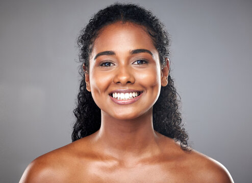 Skincare, model and beauty with black woman in studio for hygiene, grooming and pamper with mockup. Face, portrait and woman relax, happy and smile for wellness cosmetics, treatment and cleaning