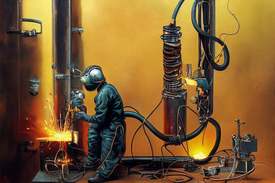 A welder cooks mechanical elements in an industrial facility.