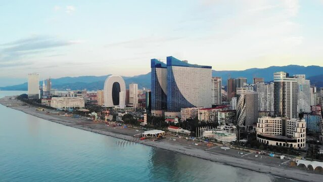 Batumi city view from the drone. Georgia, Batumi. Orbi City buildings.