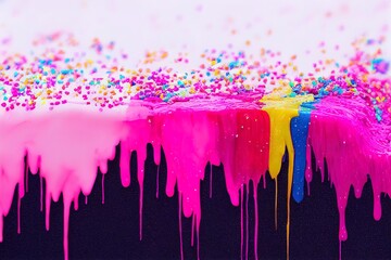 Fototapeta premium Pink dripping frosting with colorful sprinkles isolated on transparent background