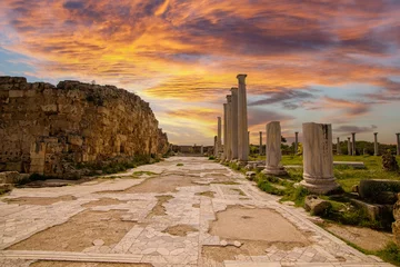  Cyprus, Ruins from the ancient city of Salamis, Famagusta. Salamis columns. Salamis ruins at sunset © yakupyener