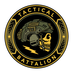 SKULL WITH A MILITARY HELMET BADGE TACTICAL BATTALION COLOR BACKGROUND - obrazy, fototapety, plakaty
