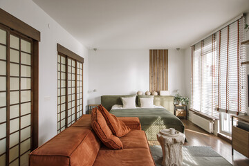 Modern Japandi appartment interior design in earth tones, natural textures with wooden solid oak...