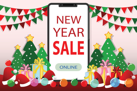 Christmas sale, New year sale, Santa claus on mobile phone with text BIG SALE gift, snow, star, Christmas tree, design for web banner, poster, Christmas invitation card and new year festival.