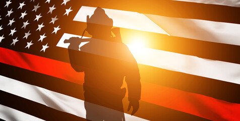 Thin Red Line. Black Flag of USA with Firefighter red Line.