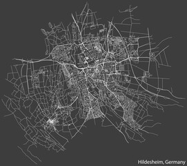 Detailed negative navigation white lines urban street roads map of the German regional capital city of HILDESHEIM, GERMANY on dark gray background