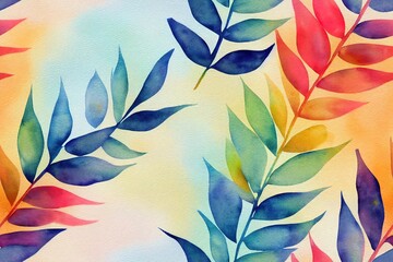 Watercolor nursery seamless pattern. Hand painted cute boho rainbow, eucalyptus leaves isolated on white background. Children illustration for design, print, background