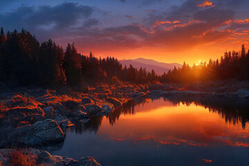 beautiful sunset river, mountains and forest landscape