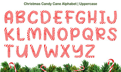 Christmas Candy Cane Alphabet set with transparent background. Complete letters in uppercase from A to Z