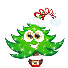 Funny fir tree character with Christmas Santa hat and Christmas lights in a pot, decorated like Santa costume 