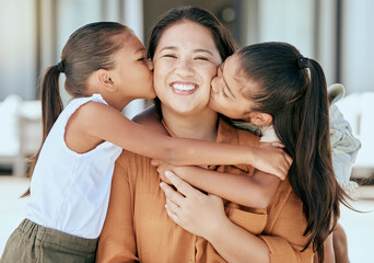 Love, mother and girls kiss, hug and happy together with smile and bonding. Portrait, mama and children with embrace, being loving and happiness with proud female parent and connect with kids - Powered by Adobe