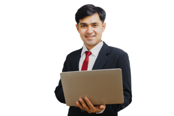 Asian handsome businessman in suit holding laptop 