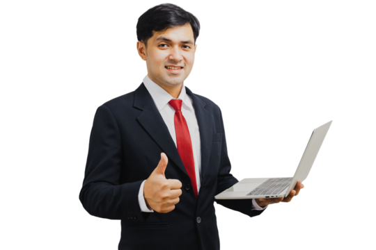 Asian handsome businessman in suit holding laptop and show thumb up