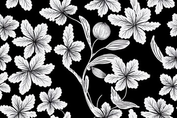 Embroidered seamless pattern. Isolated branches of flowers on a black background. Bohemian print for textiles and home decor. 2d illustrated illustration.