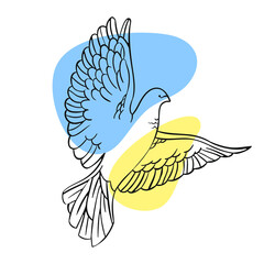 Soaring peace dove of Ukraine in line art style on a white background for print and design.Vector illustration.